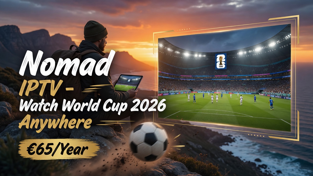 Traveler with a backpack watches a soccer match on a tablet at sunset, with a floating stadium screen and €65/year price.